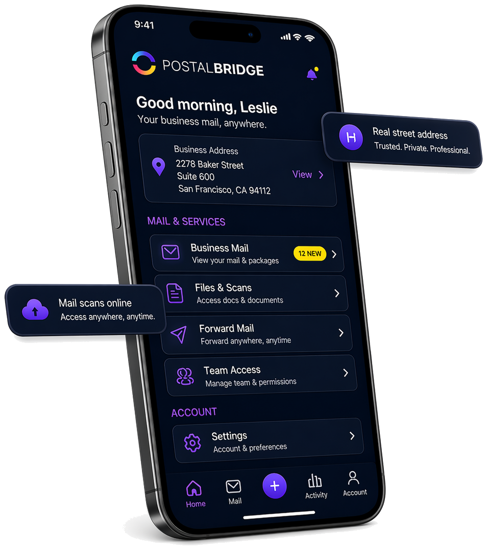 SealLoop mobile app showing a real street address, business mail, scans, forwarding, and team access
