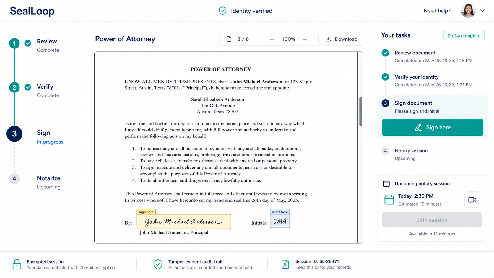 SealLoop customer workspace showing envelope preparation and tracking